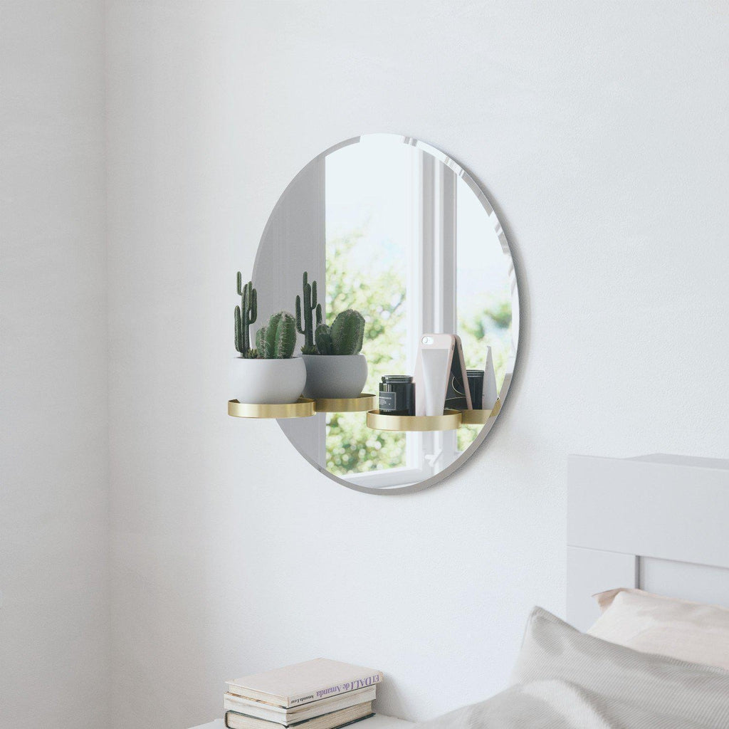 Umbra Gold Round Wall Mirror Shelf Unit Beaumonde